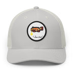 Silver, white patch "Jew fish" Goliath grouper patch trucker hat, front view: Goliath grouper in a kippah with a Star of David chain