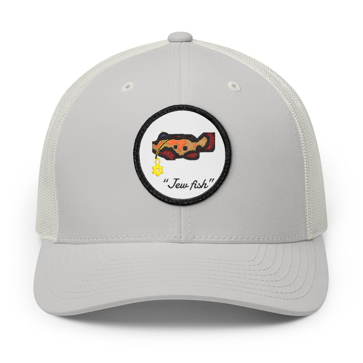 Silver, white patch "Jew fish" Goliath grouper patch trucker hat, front view: Goliath grouper in a kippah with a Star of David chain