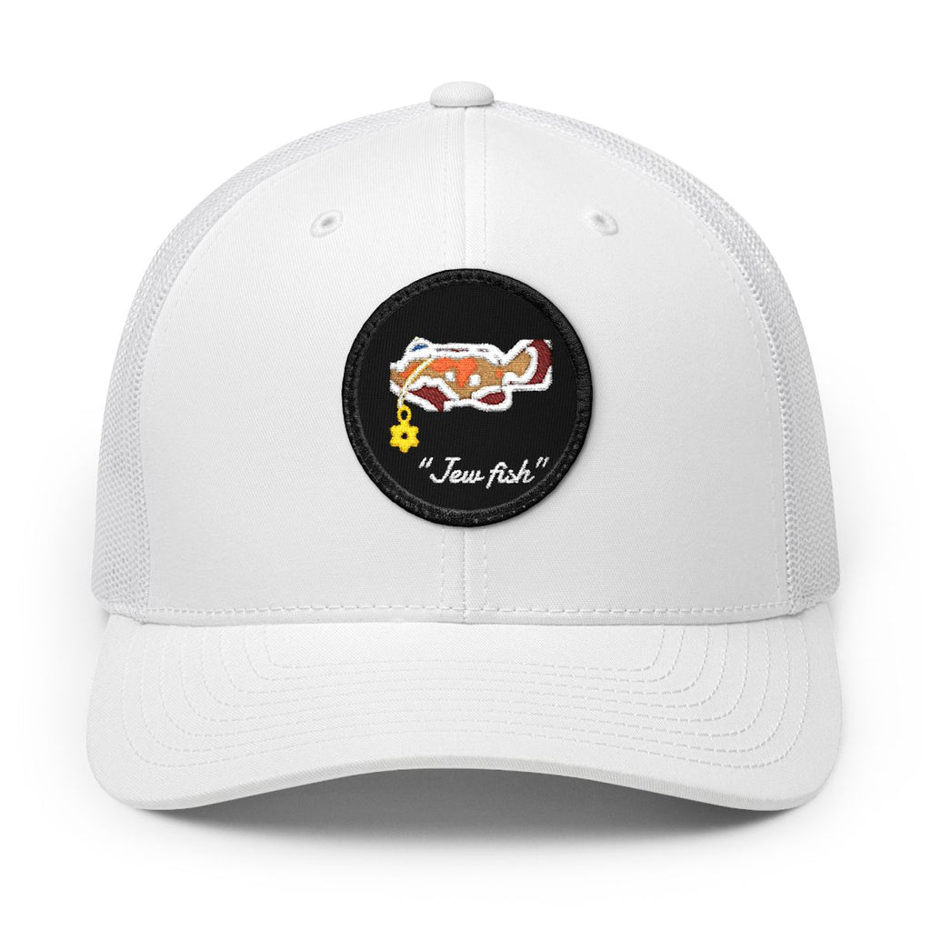 White, black patch "Jew fish" Goliath grouper patch trucker hat, front view: Goliath grouper in a kippah with a Star of David chain