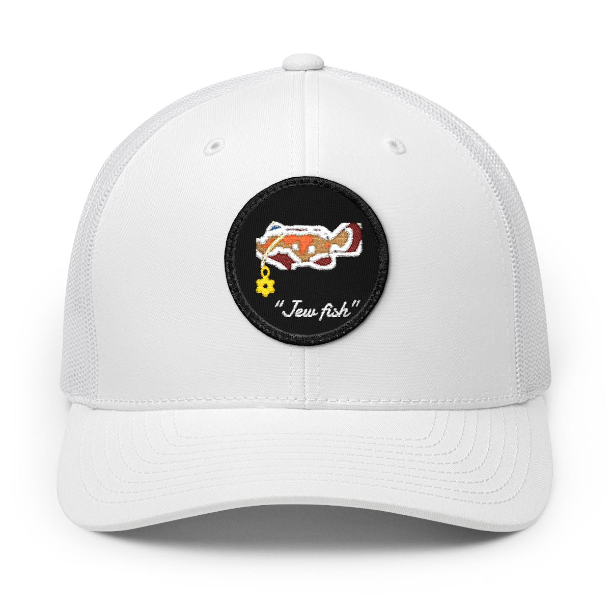 White, black patch "Jew fish" Goliath grouper patch trucker hat, front view: Goliath grouper in a kippah with a Star of David chain