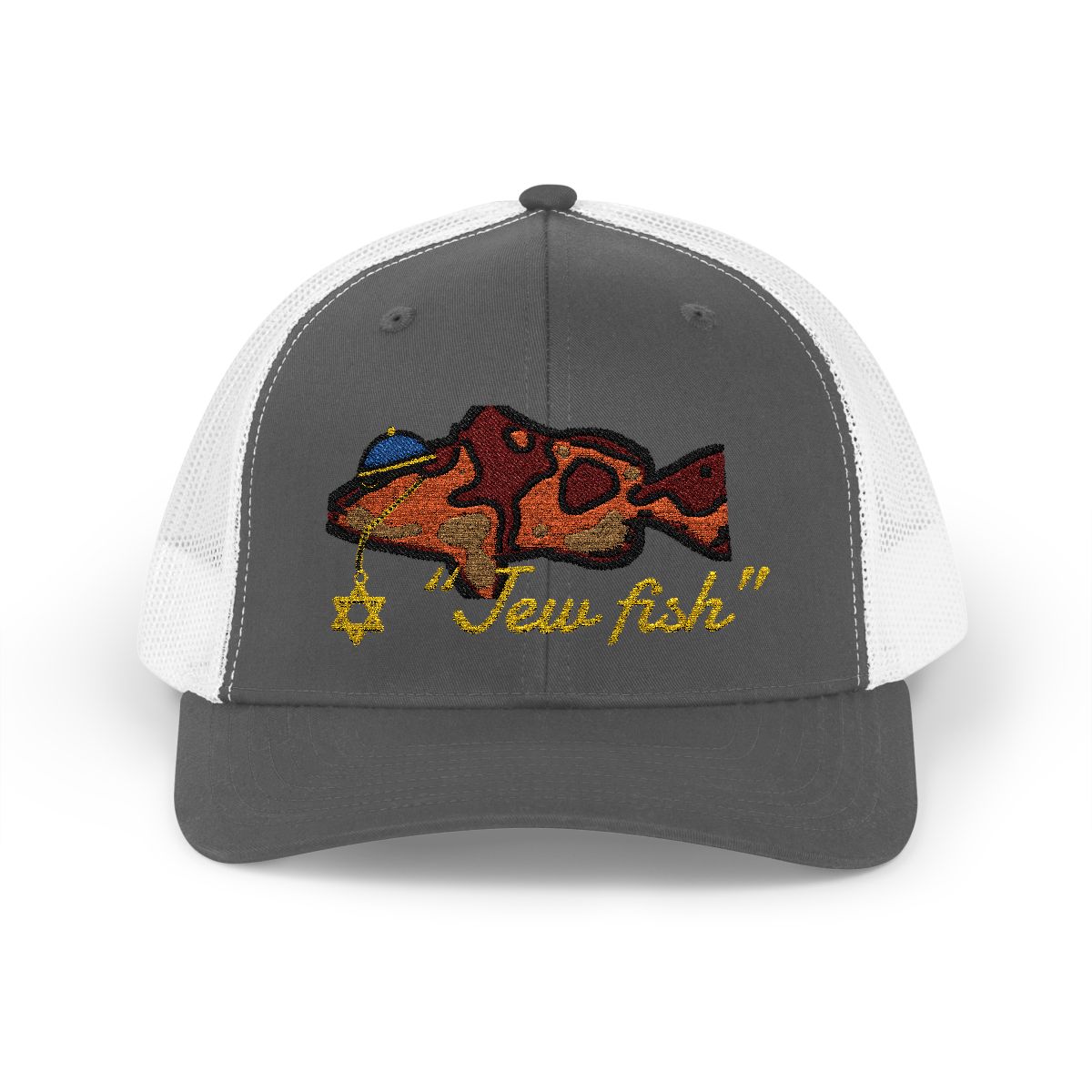 Charcoal and White "Jew fish" red grouper trucker hat, front view: red grouper in a kippah with a Star of David chain