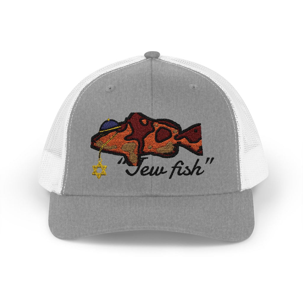 Heather Grey and White "Jew fish" red grouper trucker hat, front view: red grouper in a kippah with a Star of David chain