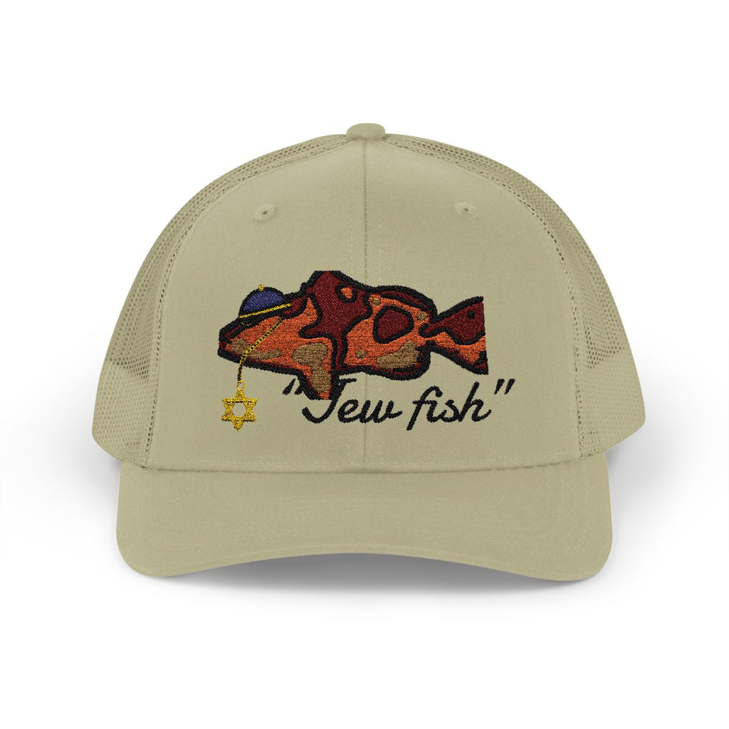 Khaki "Jew fish" red grouper trucker hat, front view: red grouper in a kippah with a Star of David chain