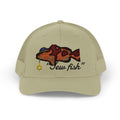 Khaki "Jew fish" red grouper trucker hat, front view: red grouper in a kippah with a Star of David chain