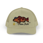 Khaki "Jew fish" red grouper trucker hat, front view: red grouper in a kippah with a Star of David chain