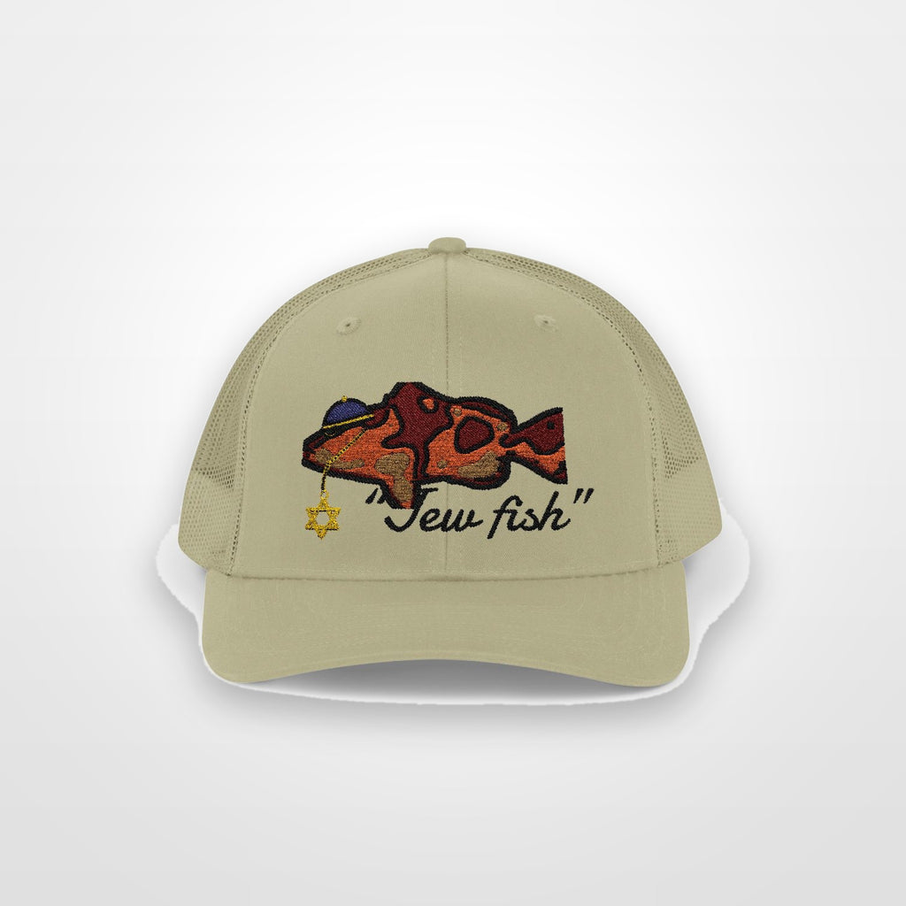 Khaki "Jew fish" red grouper trucker hat, front view on a plain backdrop: red grouper in a kippah
