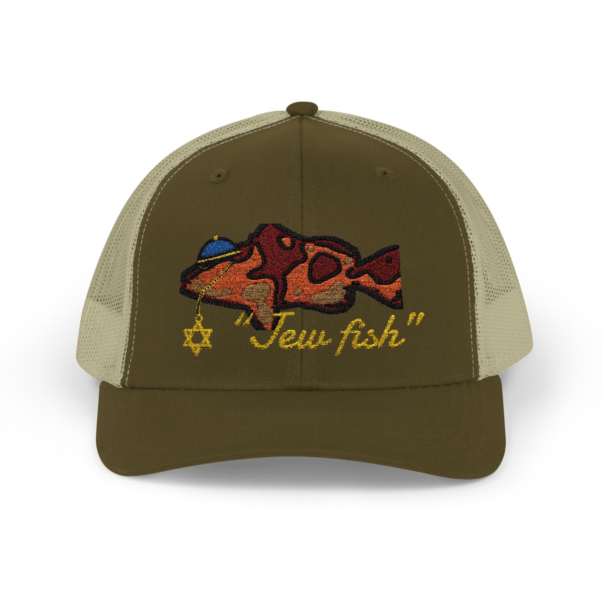 Moss and Khaki "Jew fish" red grouper trucker hat, front view: red grouper in a kippah with a Star of David chain
