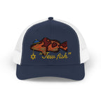 Navy and White "Jew fish" red grouper trucker hat, front view: red grouper in a kippah with a Star of David chain