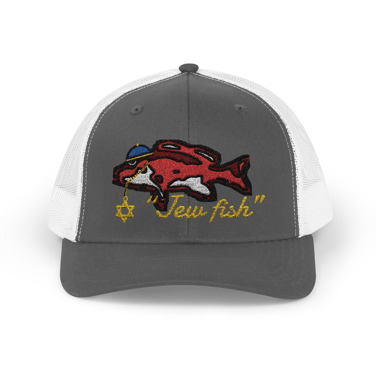 Charcoal and White "Jew fish" red snapper trucker hat, front view: red snapper in a kippah with a Star of David chain