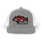 Heather Grey and White "Jew fish" red snapper trucker hat, front view: red snapper in a kippah with a Star of David chain