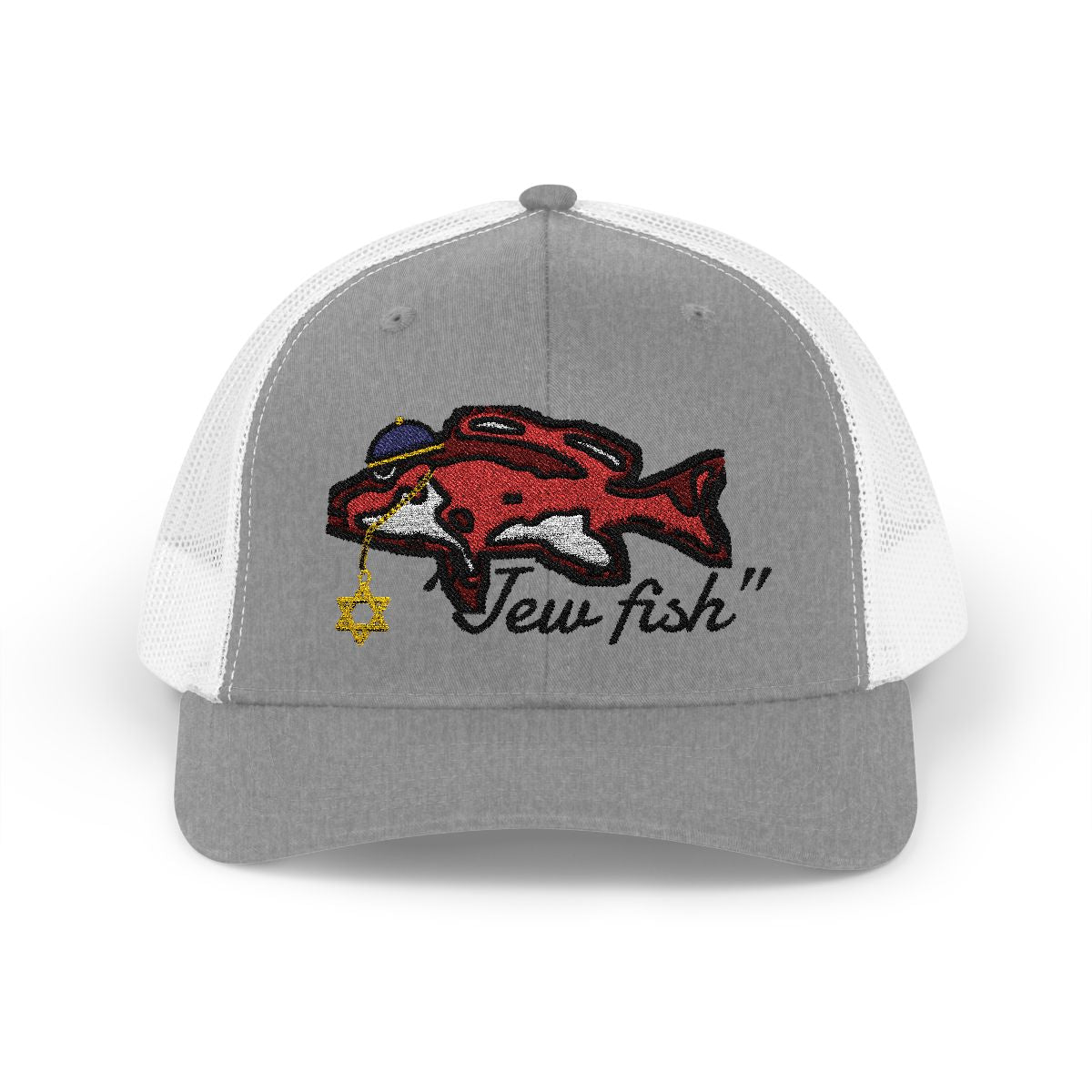Heather Grey and White "Jew fish" red snapper trucker hat, front view: red snapper in a kippah with a Star of David chain