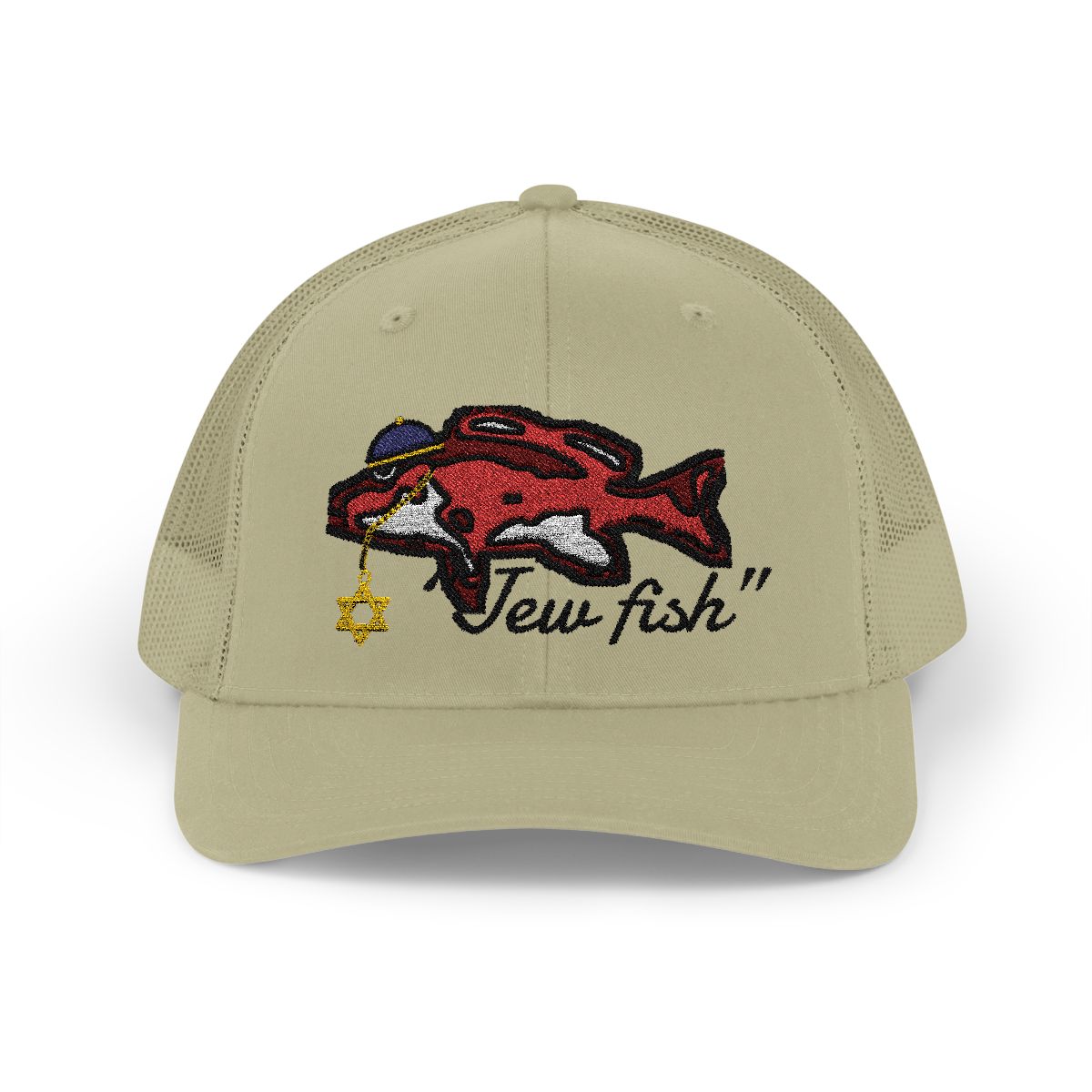 Khaki "Jew fish" red snapper trucker hat, front view: red snapper in a kippah with a Star of David chain