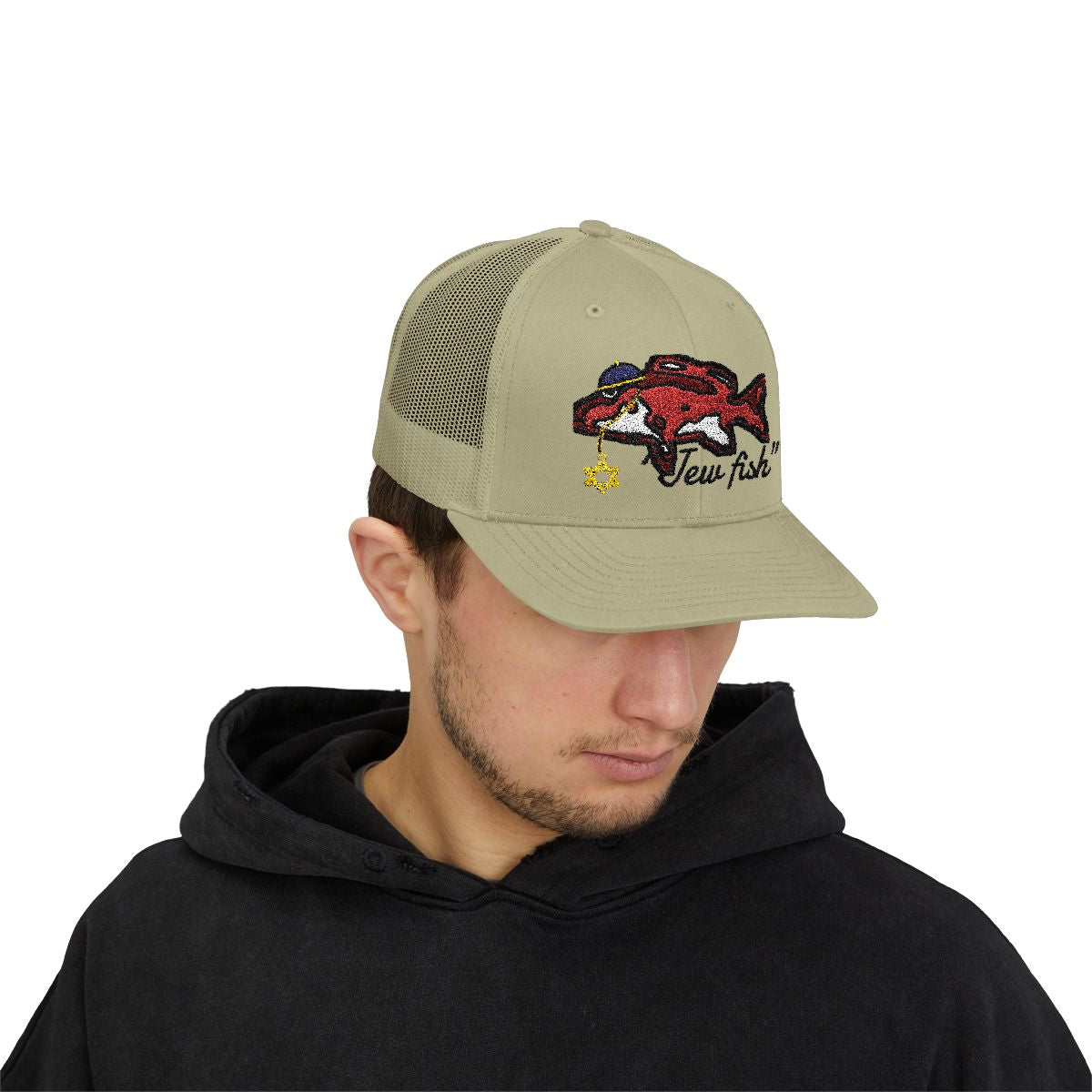 Person wearing the Khaki "Jew fish" red snapper trucker hat, front view