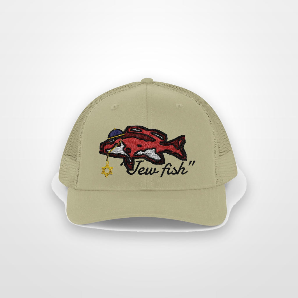 Khaki "Jew fish" red snapper trucker hat, front view on a plain backdrop: red snapper in a kippah