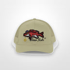 Khaki "Jew fish" red snapper trucker hat, front view on a plain backdrop: red snapper in a kippah