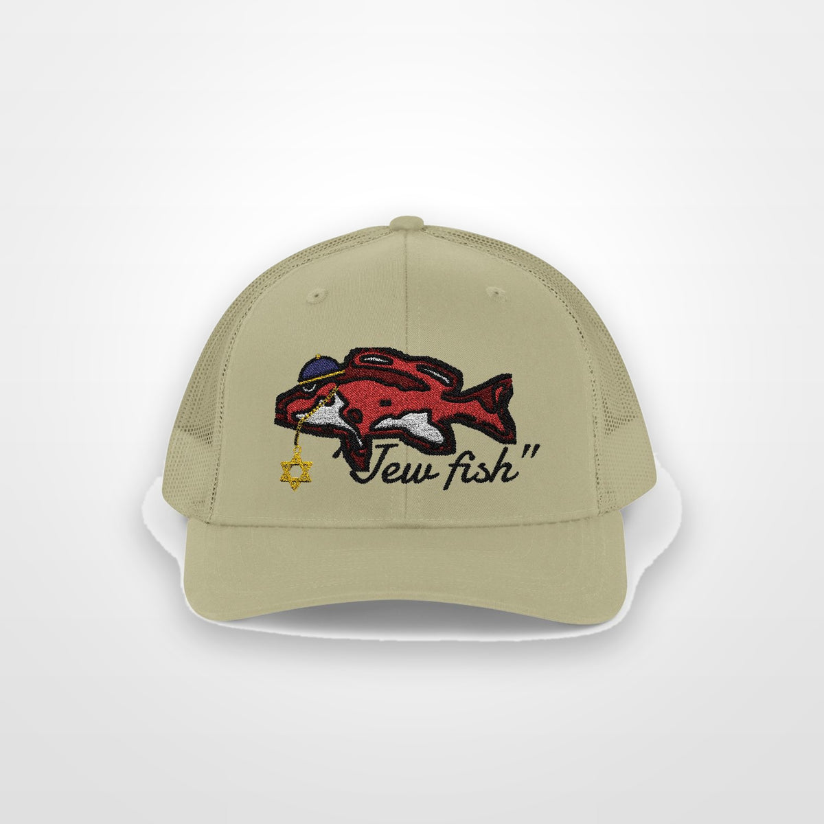 Khaki "Jew fish" red snapper trucker hat, front view on a plain backdrop: red snapper in a kippah