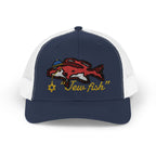Navy and White "Jew fish" red snapper trucker hat, front view: red snapper in a kippah with a Star of David chain