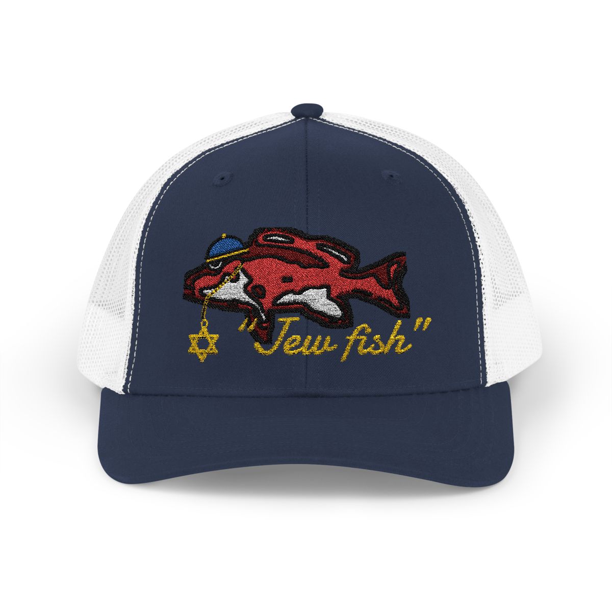 Navy and White "Jew fish" red snapper trucker hat, front view: red snapper in a kippah with a Star of David chain