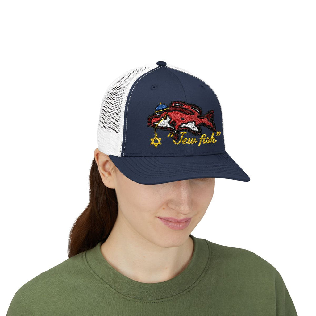 Person wearing the Navy and White "Jew fish" red snapper trucker hat, front view