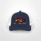 Navy and White "Jew fish" red snapper trucker hat, front view on a plain backdrop: red snapper in a kippah