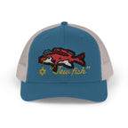 Steel Blue and Silver "Jew fish" red snapper trucker hat, front view: red snapper in a kippah with a Star of David chain