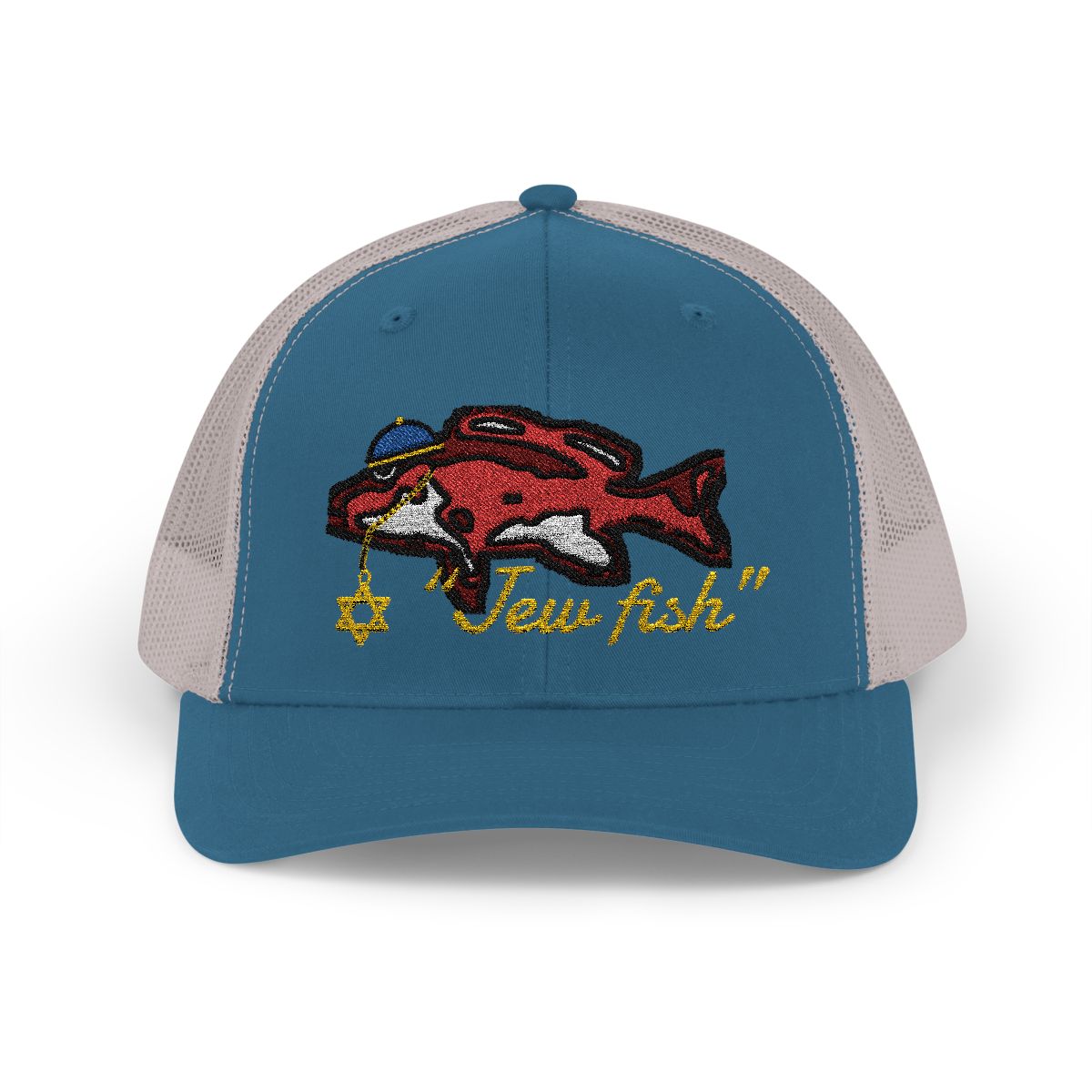 Steel Blue and Silver "Jew fish" red snapper trucker hat, front view: red snapper in a kippah with a Star of David chain