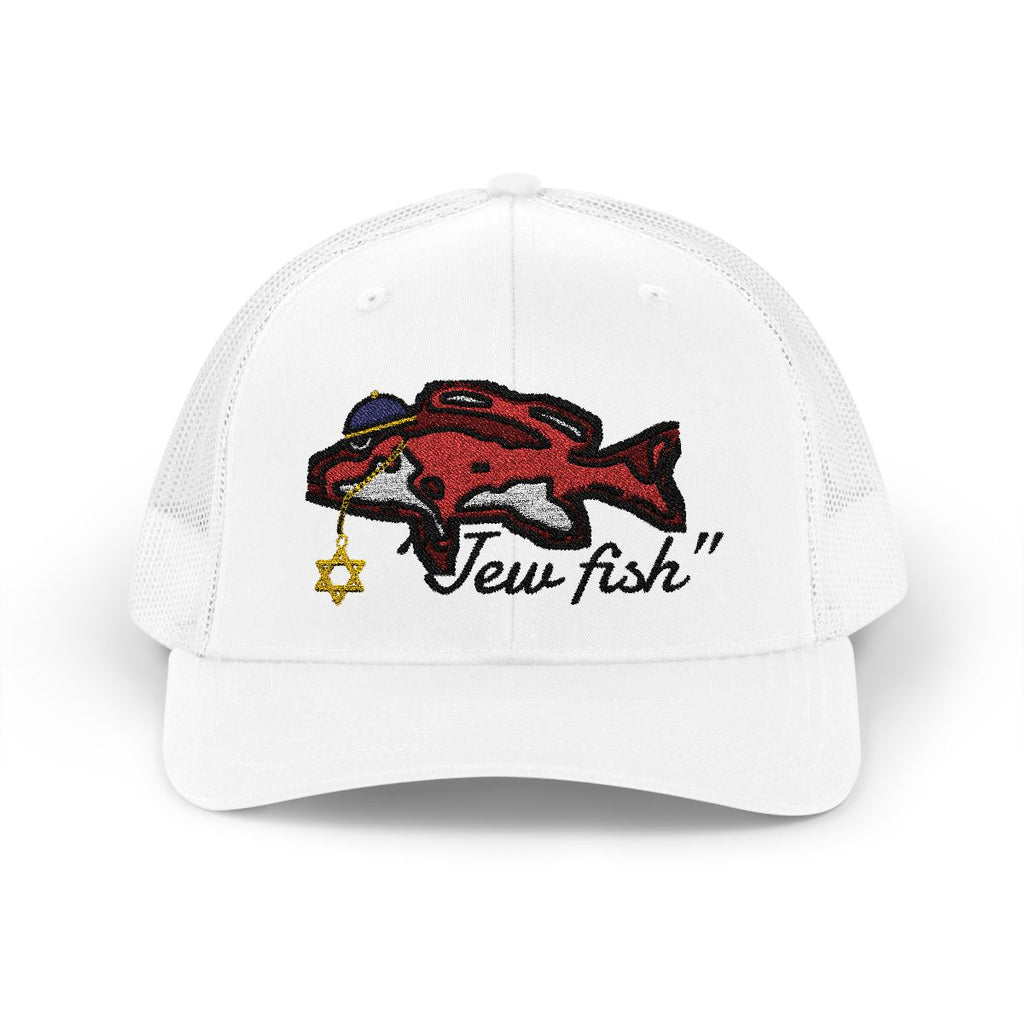 White "Jew fish" red snapper trucker hat, front view: red snapper in a kippah with a Star of David chain