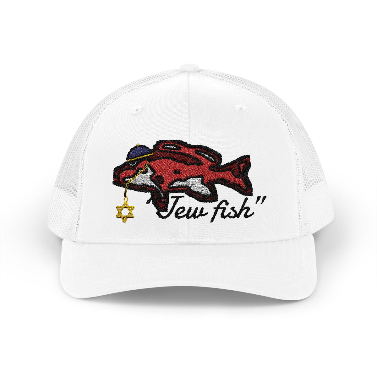 White "Jew fish" red snapper trucker hat, front view: red snapper in a kippah with a Star of David chain