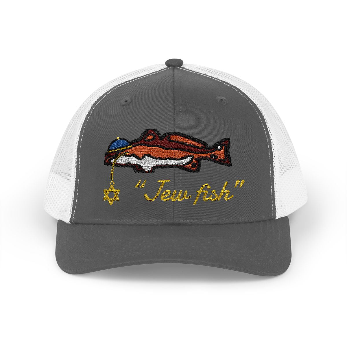 Charcoal and White "Jew fish" redfish trucker hat, front view: redfish in a kippah with a Star of David chain