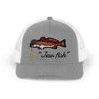Heather Grey and White "Jew fish" redfish trucker hat, front view: redfish in a kippah with a Star of David chain