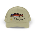 Khaki "Jew fish" redfish trucker hat, front view: redfish in a kippah with a Star of David chain