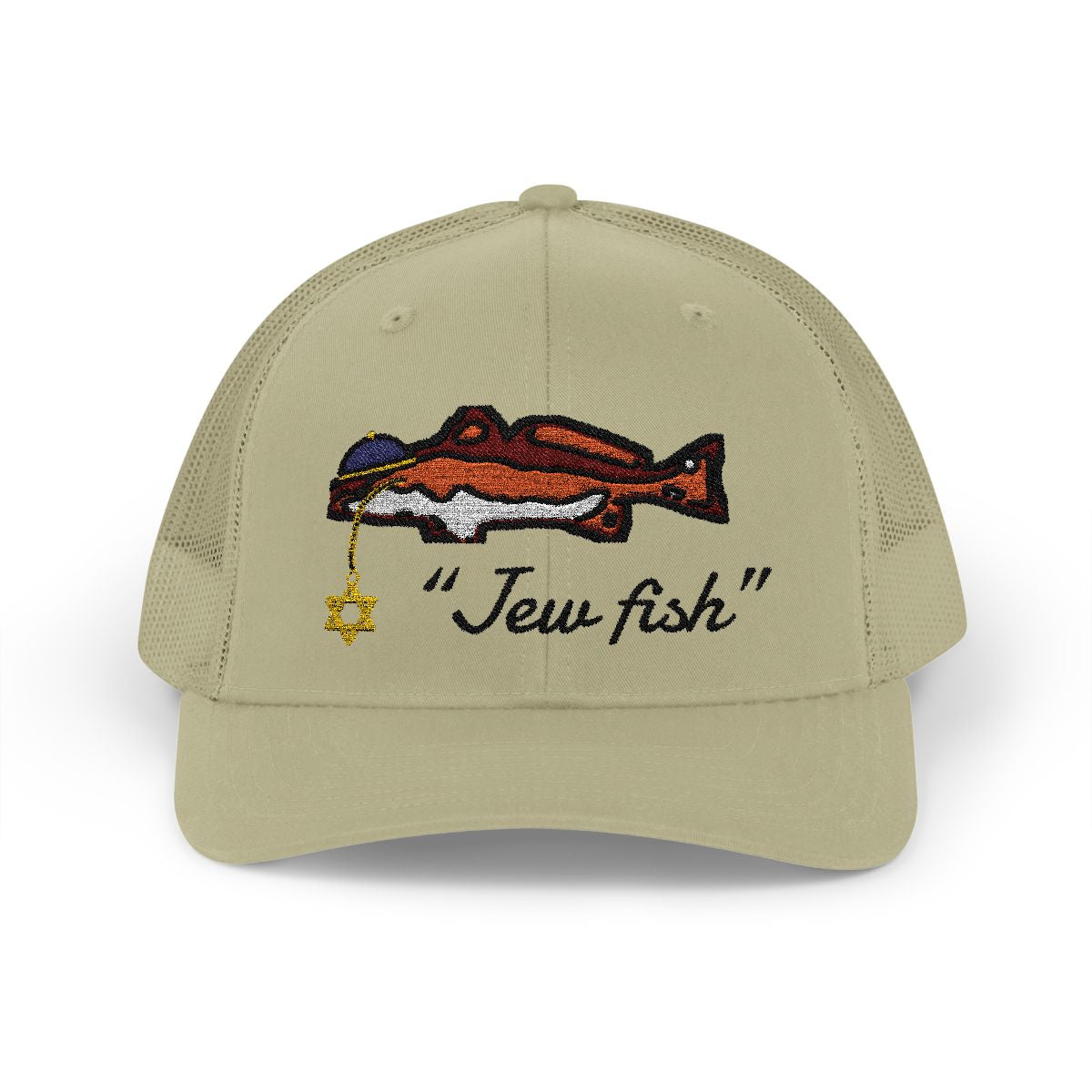 Khaki "Jew fish" redfish trucker hat, front view: redfish in a kippah with a Star of David chain
