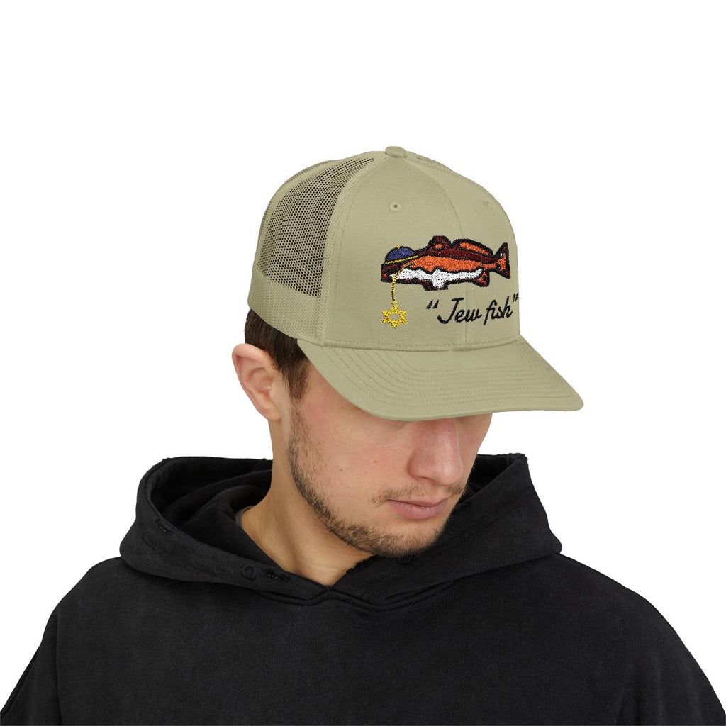 Person wearing the Khaki "Jew fish" redfish trucker hat, front view