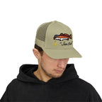 Person wearing the Khaki "Jew fish" redfish trucker hat, front view