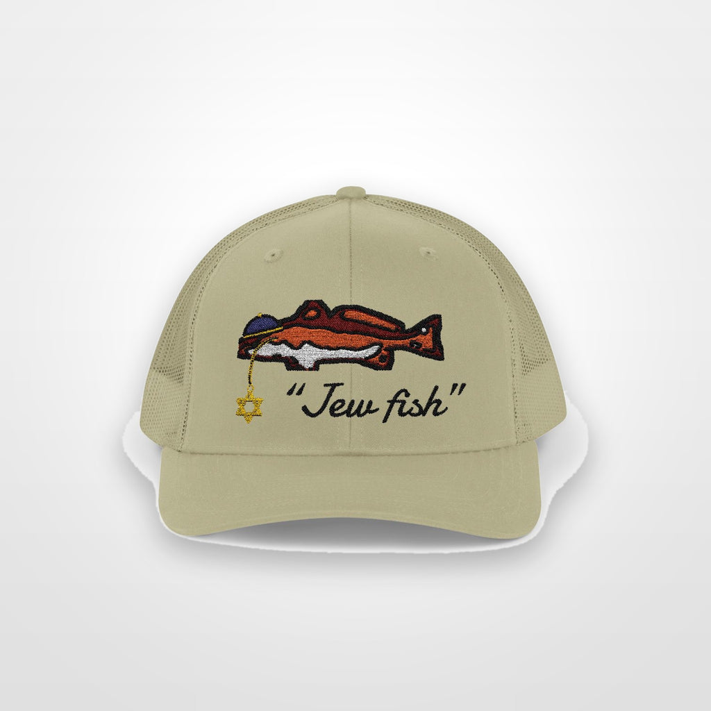 Khaki "Jew fish" redfish trucker hat, front view on a plain backdrop: redfish in a kippah