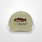 Khaki "Jew fish" redfish trucker hat, front view on a plain backdrop: redfish in a kippah