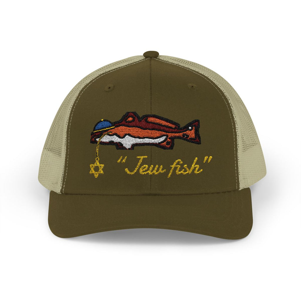 Moss and Khaki "Jew fish" redfish trucker hat, front view: redfish in a kippah with a Star of David chain