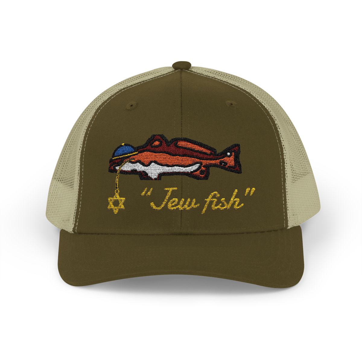 Moss and Khaki "Jew fish" redfish trucker hat, front view: redfish in a kippah with a Star of David chain