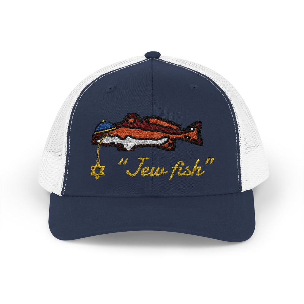 Navy and White "Jew fish" redfish trucker hat, front view: redfish in a kippah with a Star of David chain