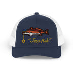 Navy and White "Jew fish" redfish trucker hat, front view: redfish in a kippah with a Star of David chain