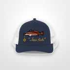 Navy and White "Jew fish" redfish trucker hat, front view on a plain backdrop: redfish in a kippah