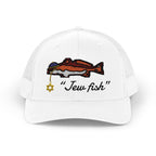 White "Jew fish" redfish trucker hat, front view: redfish in a kippah with a Star of David chain