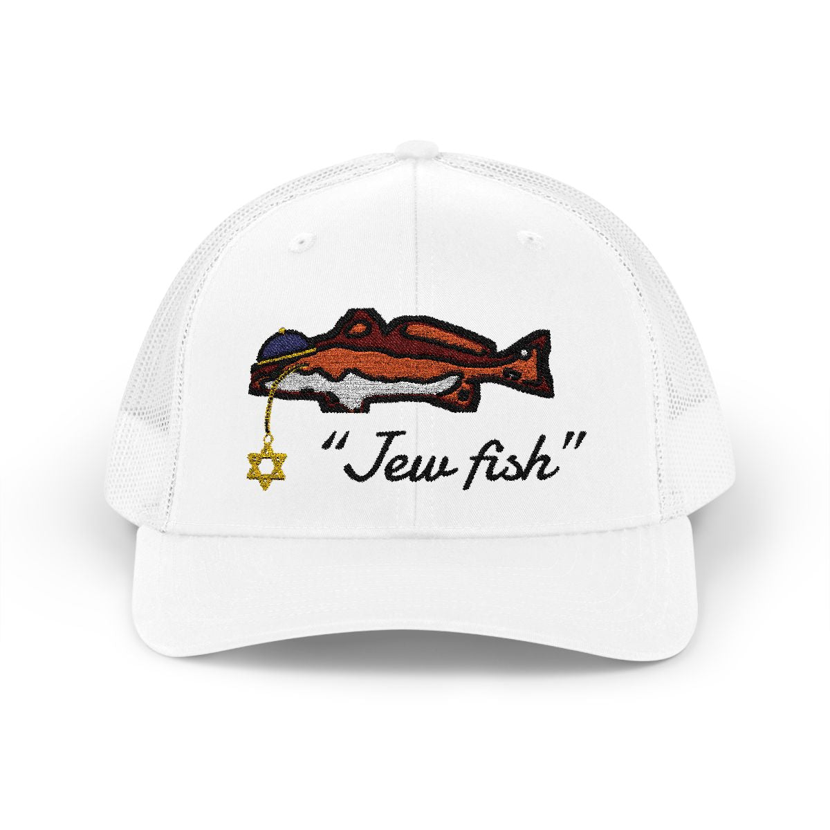 White "Jew fish" redfish trucker hat, front view: redfish in a kippah with a Star of David chain