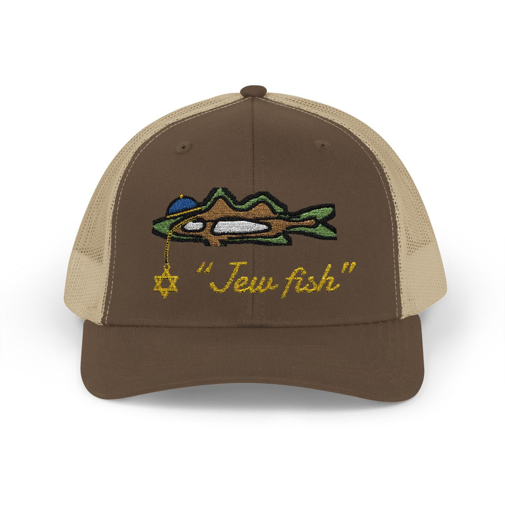 Brown and Khaki "Jew fish" snook trucker hat, front view: snook in a kippah with a Star of David chain