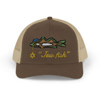 Brown and Khaki "Jew fish" snook trucker hat, front view: snook in a kippah with a Star of David chain