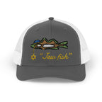 Charcoal and White "Jew fish" snook trucker hat, front view: snook in a kippah with a Star of David chain