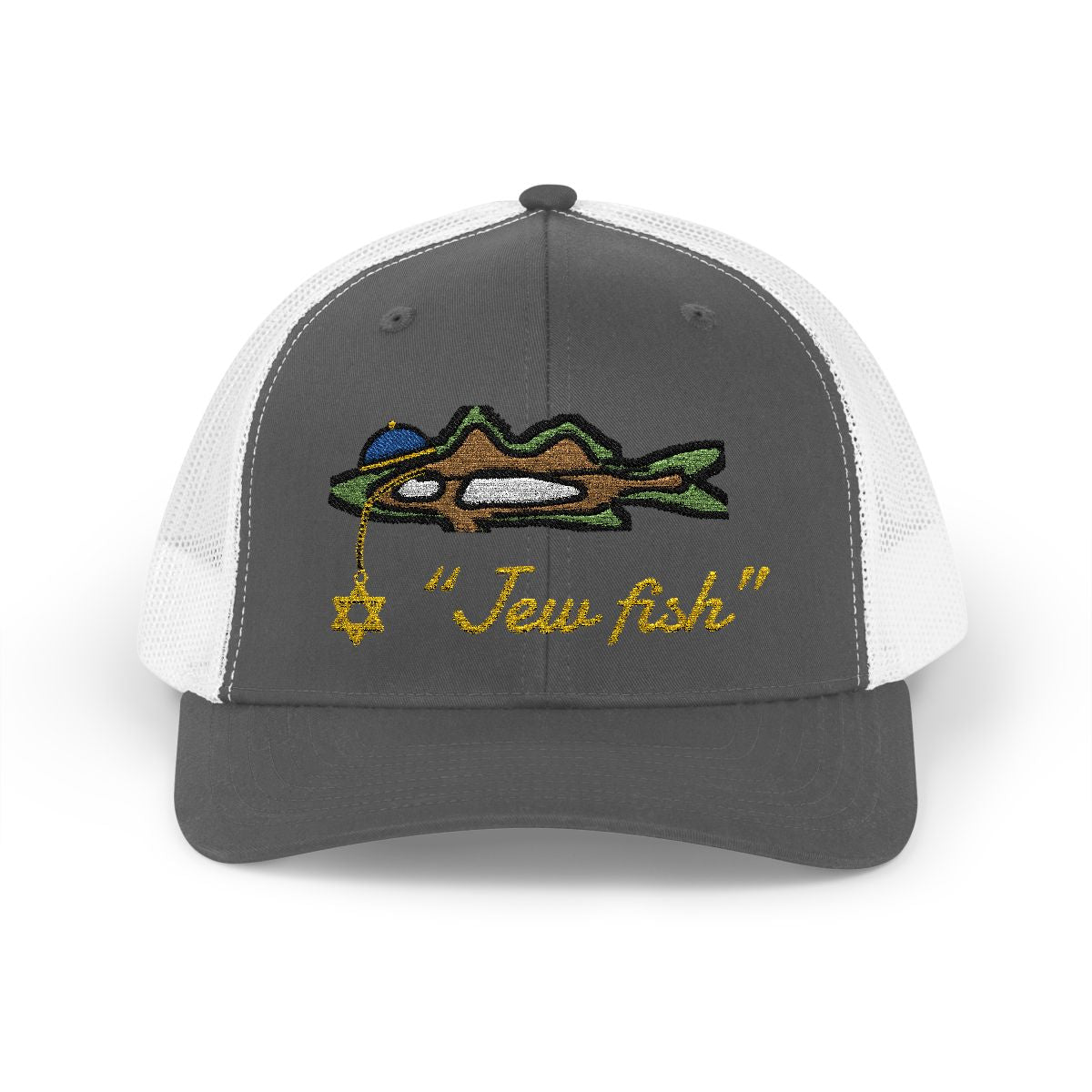 Charcoal and White "Jew fish" snook trucker hat, front view: snook in a kippah with a Star of David chain
