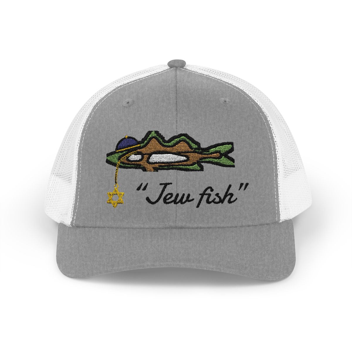 Heather Grey and White "Jew fish" snook trucker hat, front view: snook in a kippah with a Star of David chain