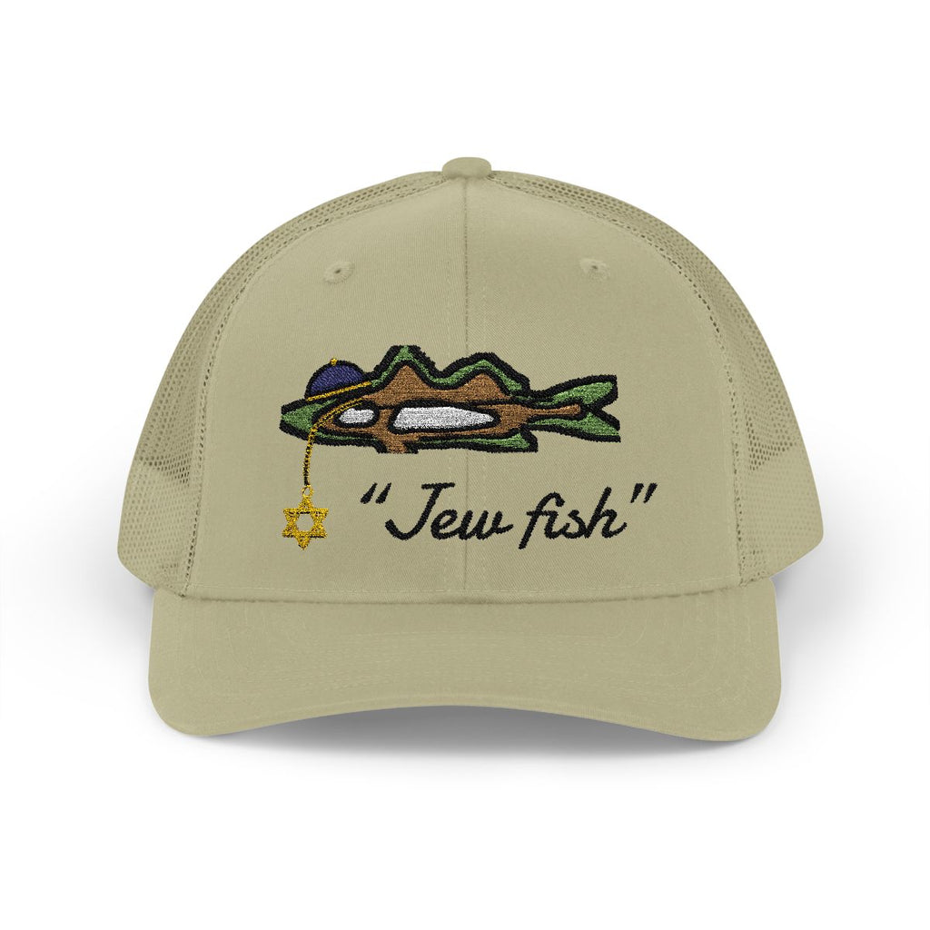 Khaki "Jew fish" snook trucker hat, front view: snook in a kippah with a Star of David chain