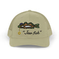Khaki "Jew fish" snook trucker hat, front view: snook in a kippah with a Star of David chain